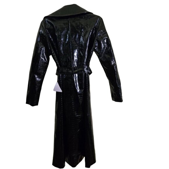 Ego NWT Pu Leather Black Croc Embossed Full Length Belted Trench Coat Size 2 - Picture 3 of 7